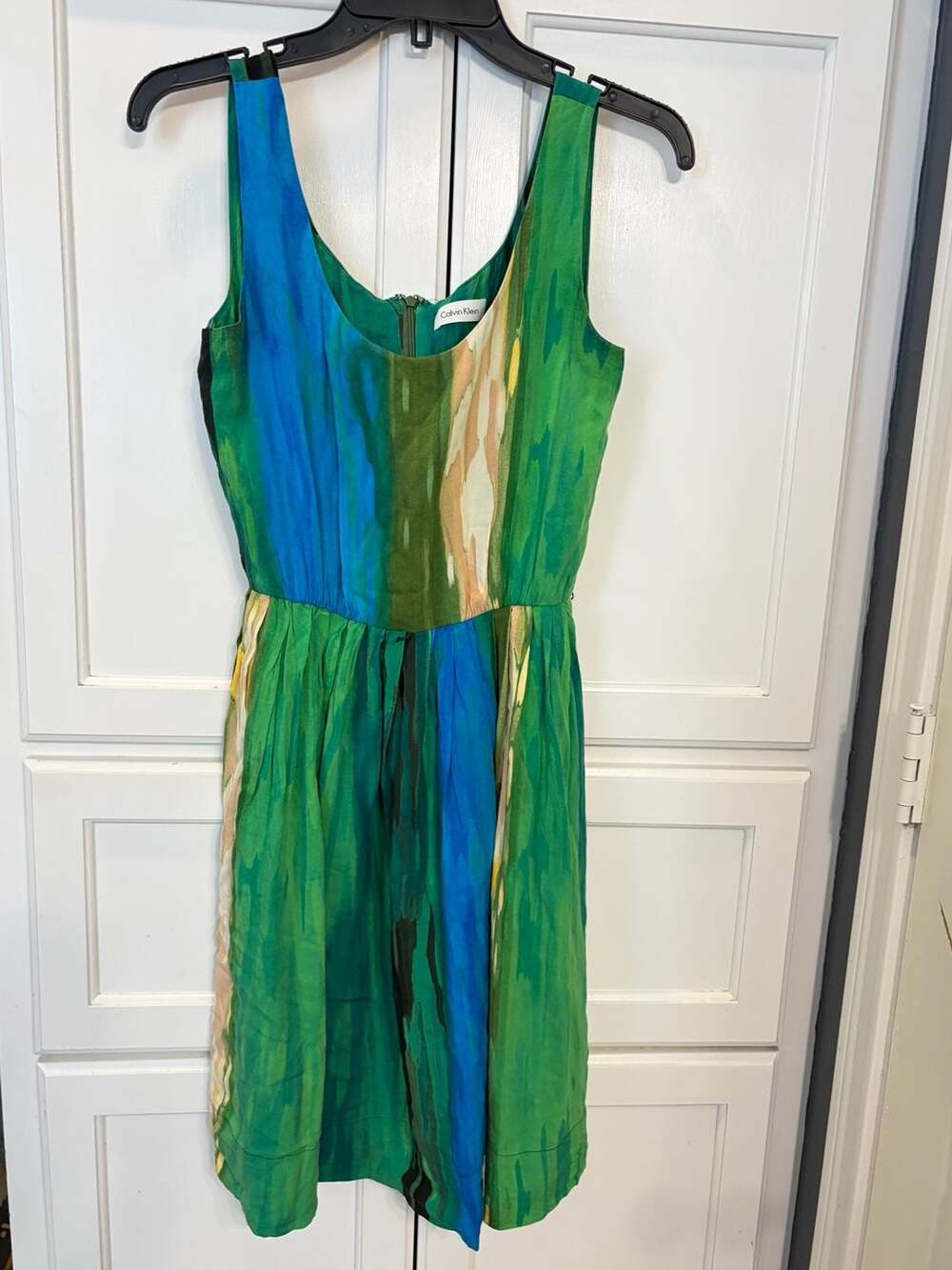 Calvin Klein Abstract Watercolor Fit & Flare Dress Green Blue Sleeveless Resort
